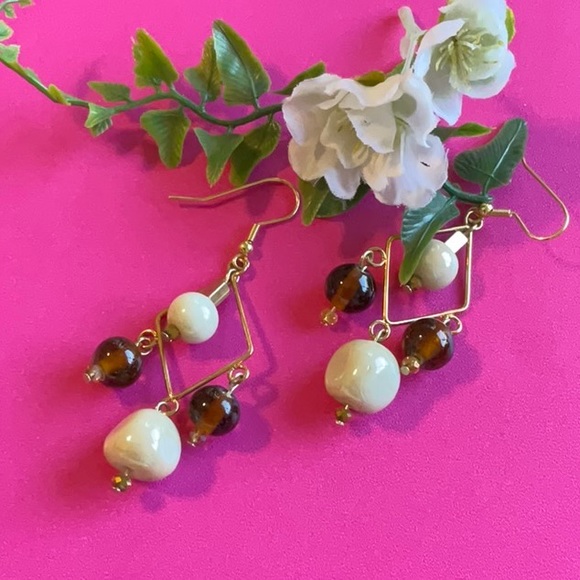 Boho Style Earrings, Autumn Colors Drop Dangle. Rhombus Shape Earrings - Picture 6 of 6